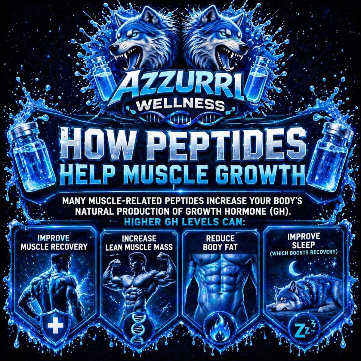 APeptides's tweet image. Unleash the science. 🧬⚡
Fuel recovery, build lean muscle, burn fat, and level up your sleep — all powered by peptides.
Welcome to the next level of performance. 🐺💙
#AzzurriWellness #Peptides #MuscleGrowth #RecoveryMode #FitnessScience #LeanMuscle #FatLoss #Biohacking #GymLife