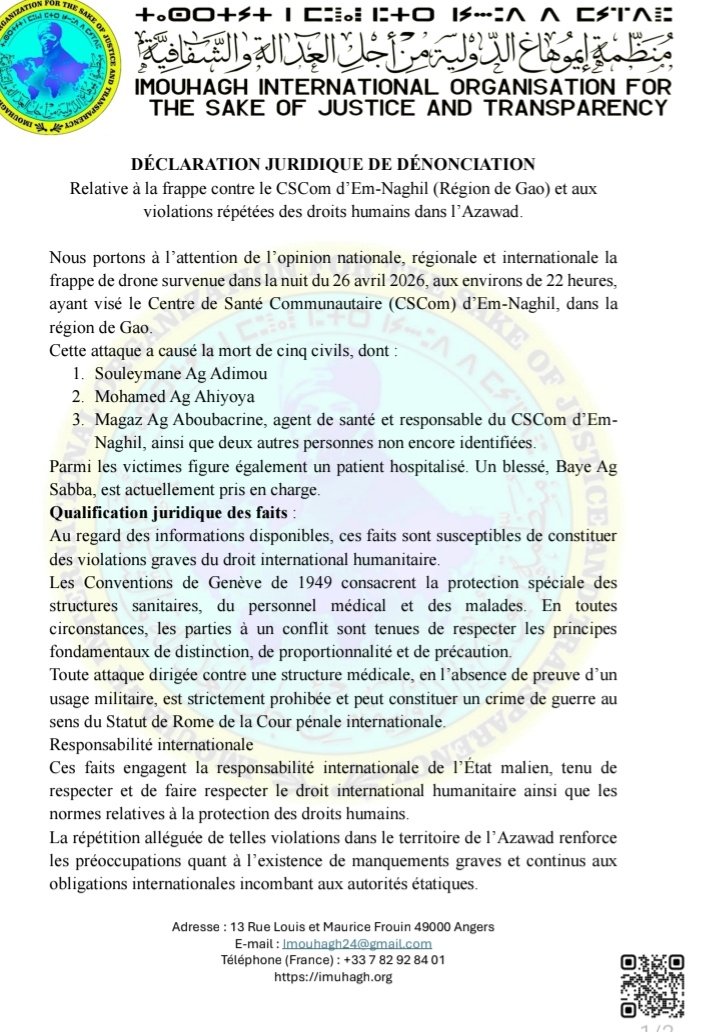 MedLilly1's tweet photo. #Gao secteur d'#Emnaghil
Imouhagh Internationale condamne l'attaque barbare et lâche sur le CSCOM d'Emnaghil, qui a coûté la vie à plusieurs personnes, dont un humanitaire, le DTC (Directeur Technique du Centre) et un transporteur en commun. Ces victimes n'avaient aucun lien avec les groupes armés et étaient connues de toutes les populations de la région de Gao.
Rappelons que ces actes barbares commis par l'armée malienne sous l'actuelle junte militaire constituent les causes profondes de ses échecs répétés. S'en prendre à des centres de santé, des écoles et des tentes non loin d'Emnaghil, à Amasrakad, est inacceptable et Allah rendra justice à ces personnes là Inshallah.