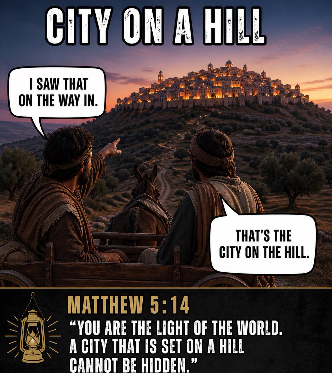 ScriptureWare's tweet image. Matthew 5:14
People notice.
“You are the light of the world. A city that is set on a hill cannot be hidden.”
#CityOnAHill #Matthew514 #LightOfTheWorld #BibleMeme #Scripture
