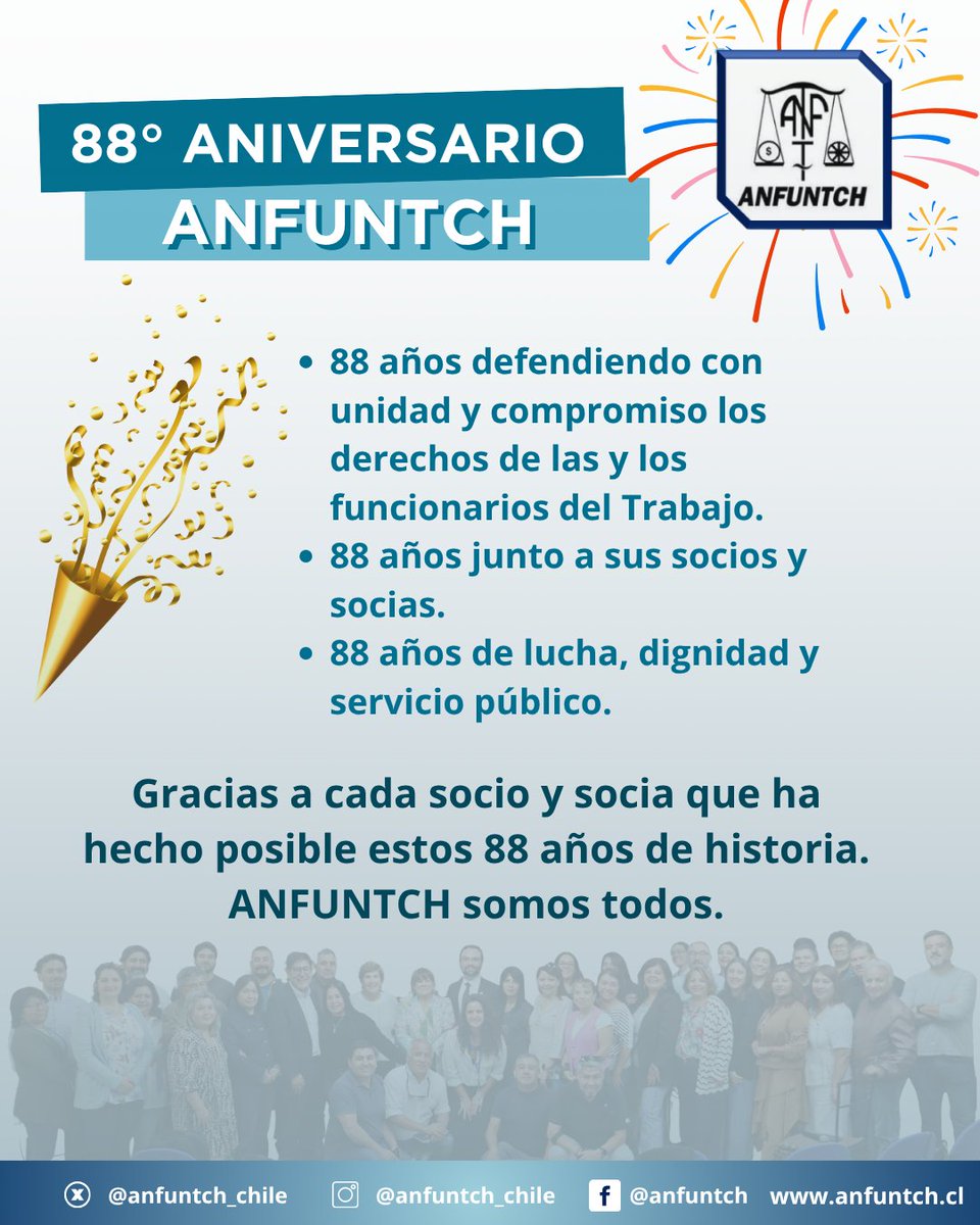 🥳En este 88° Aniversario ratificamos nuestro compromiso con los derechos de las y los funcionarios del Trabajo; y agradecemos a cada socio y socia por hacer más grande esta organización sindical.

#ANFUNTCH #DT #ANIVERSARIOANFUNTCH