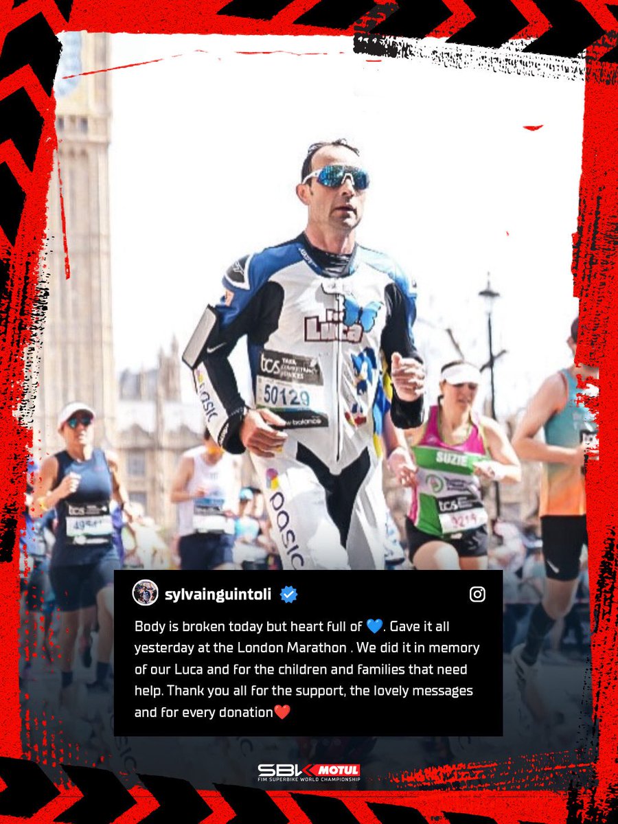 WorldSBK's tweet photo. A huge congratulations to Sylvain Guintoli on completing the London Marathon! 🏃‍♂️ 

A world record time for running in motorcycle leathers — in memory of his son, Luca to support children with cancer and their families ❤️ https://t.co/zXv3Dgnpd6