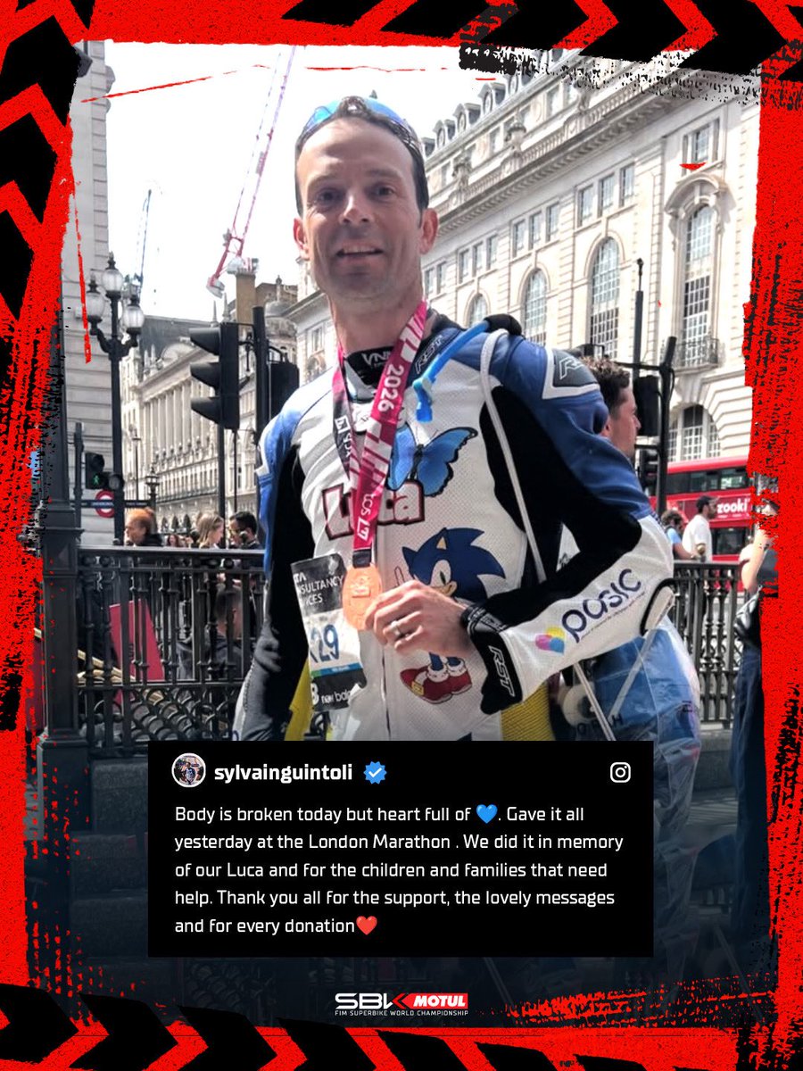WorldSBK's tweet photo. A huge congratulations to Sylvain Guintoli on completing the London Marathon! 🏃‍♂️ 

A world record time for running in motorcycle leathers — in memory of his son, Luca to support children with cancer and their families ❤️ https://t.co/zXv3Dgnpd6