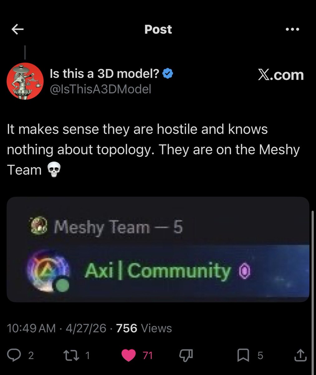 No wonder <a href="/MeshyAI/">MeshyAI</a> models are so bad, they got this person on the team that thinks this is bad topology and doesn’t even know what vertex painting is