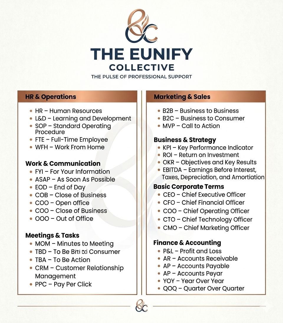 theeunify's tweet image. At The Eunify Collective, we believe that professional support is the heartbeat of every successful firm. That’s why we have compiled the ultimate “Corporate Cheat Sheet” to help you navigate your week with poise and precision.

#corporatelife 
#adminexcellence