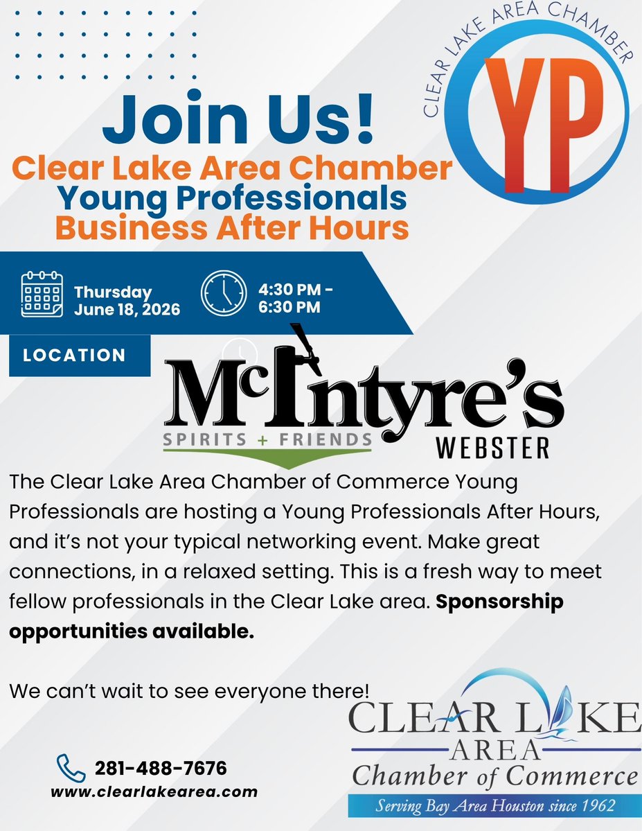 clacctx's tweet image. Young Professionals After Hours!
📅 June 18 | ⏰ 4:30–6:30 PM
📍 McIntyre’s Webster
Connect, unwind &amp;amp; network in a fun, relaxed setting 💼✨
💥 Sponsors needed! Starting at $250—great exposure + perks!
📩 Wendy@clearlakearea.com

#ClearLakeAreaChamberOfCommerce #YP #Networking
