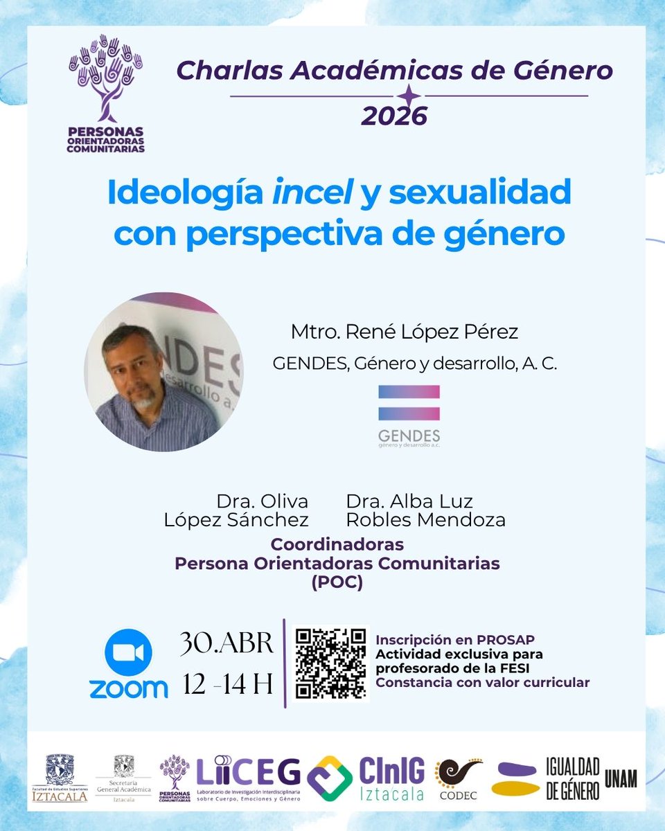 FESI_UNAM's tweet image. Las #POC de la #FESI de la #UNAM presenta el día de hoy la charla académica: Ideología incel y sexualidad con perspectiva de género
⏰ 12:00 h
💻 Modalidad: Zoom
ℹ️ 👉 Inscripción en PROSAP: antares.iztacala.unam.mx/prosap/index.c…