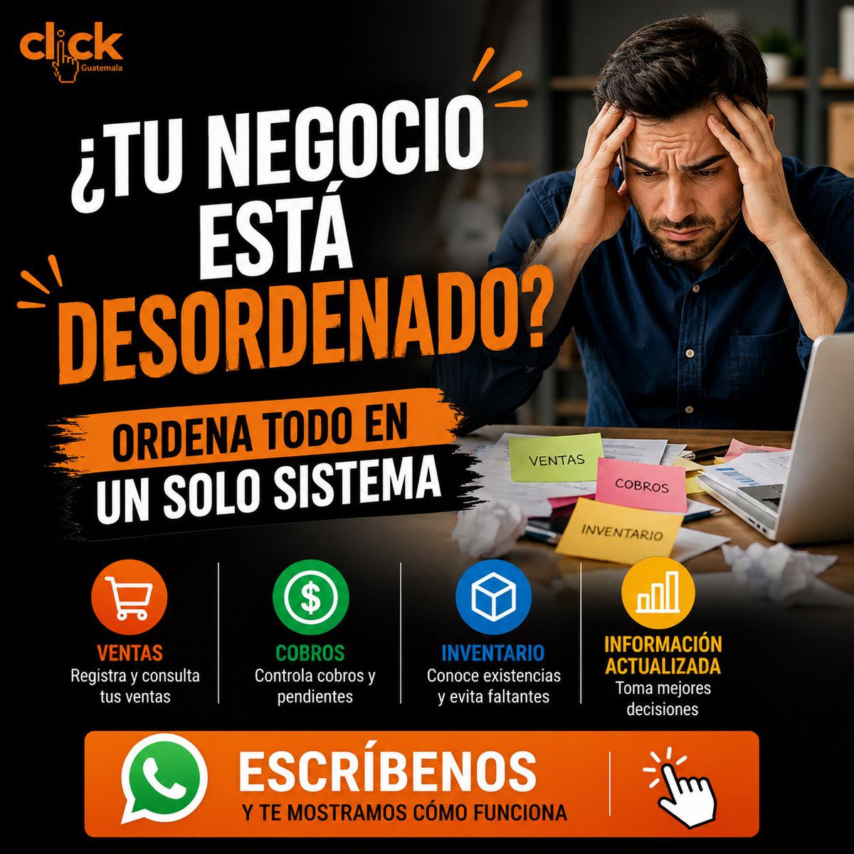 guatemalaclick's tweet image. Ventas, cobros e inventario separados = desorden.

Un sistema interno cambia eso.

#Empresas #Control #Ventas