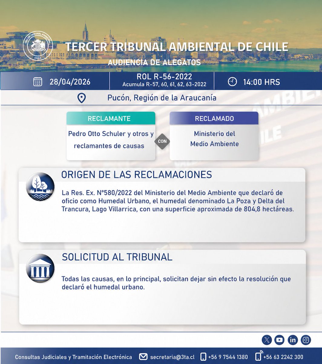 3tacl's tweet photo. [AUDIENCIA] 📝 Martes 28 de abril, 14:00 hrs, modalidad híbrida, causa R-56-2022 y acumuladas "Pedro Otto Schuler y otros con Ministerio del Medio Ambiente"

📡Transmisión en https://t.co/uzwCl4wdBo

#Pucón #Araucanía #TribunalesAmbientales #JusticiaAmbiental https://t.co/eH6K2MrlBH