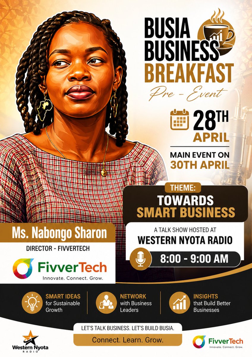 fivverTech's tweet photo. Let's tune in tomorrow for this amazing conversation with local mwananchi on matters tech in Business #BusiaBusinessBreakfast @HonMercyRiziki @EliudOwalo @RwandaICT @KCDF @Entrepreneur @hope2shine @busia90071 @Mastercard @ObamaFoundation @techNews @KICTANet @globaltimesnews https://t.co/7831KJOmyq