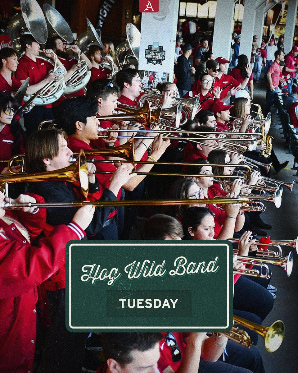 RazorbackBSB's tweet photo. One Night Only: HOG WILD BAND @ BAUM⚡️

For the 2nd straight season, the @uarkbands will be rockin' Baum-Walker Stadium for our Tuesday night matchup vs. Northwestern State. https://t.co/ataxNc3CWL