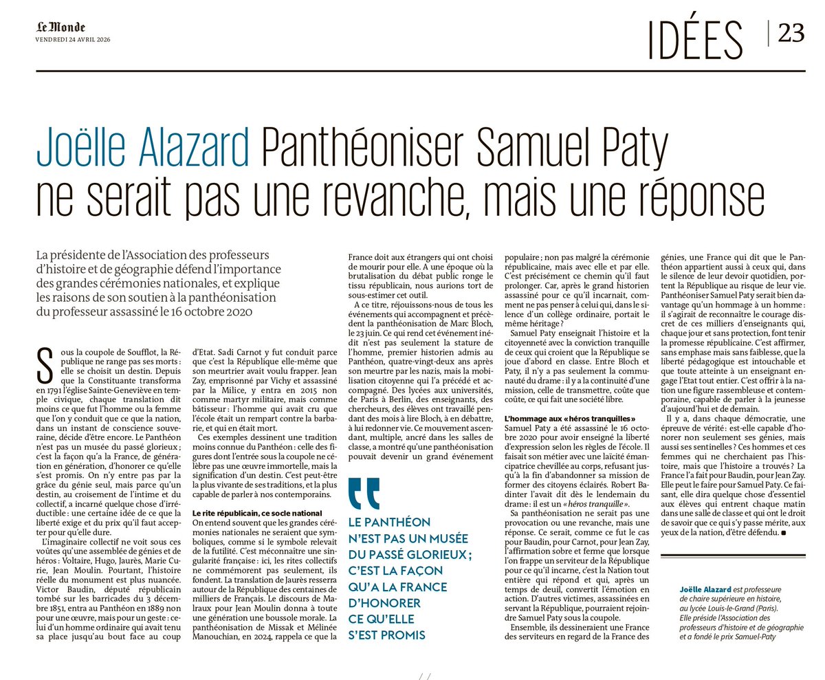 Offenstadt's tweet photo. Un très beau texte de Joëlle Alazard, Présidente de l'Association des Professeurs d'histoire : "Entre Bloch et Paty, il n'y a pas seulement la communauté du drame : il y a la continuité d'une mission, celle de transmettre coûte que coûte, ce qui fait une société libre". https://t.co/UCGGelr1Og
