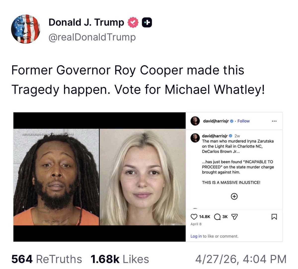 Roy Cooper set up a revolving door that allowed criminals back on the streets as soon as they were arrested and then released 3500 vicious criminals including Iryna Zarutska’s killer. I will fight every day to keep your kids and communities safe!