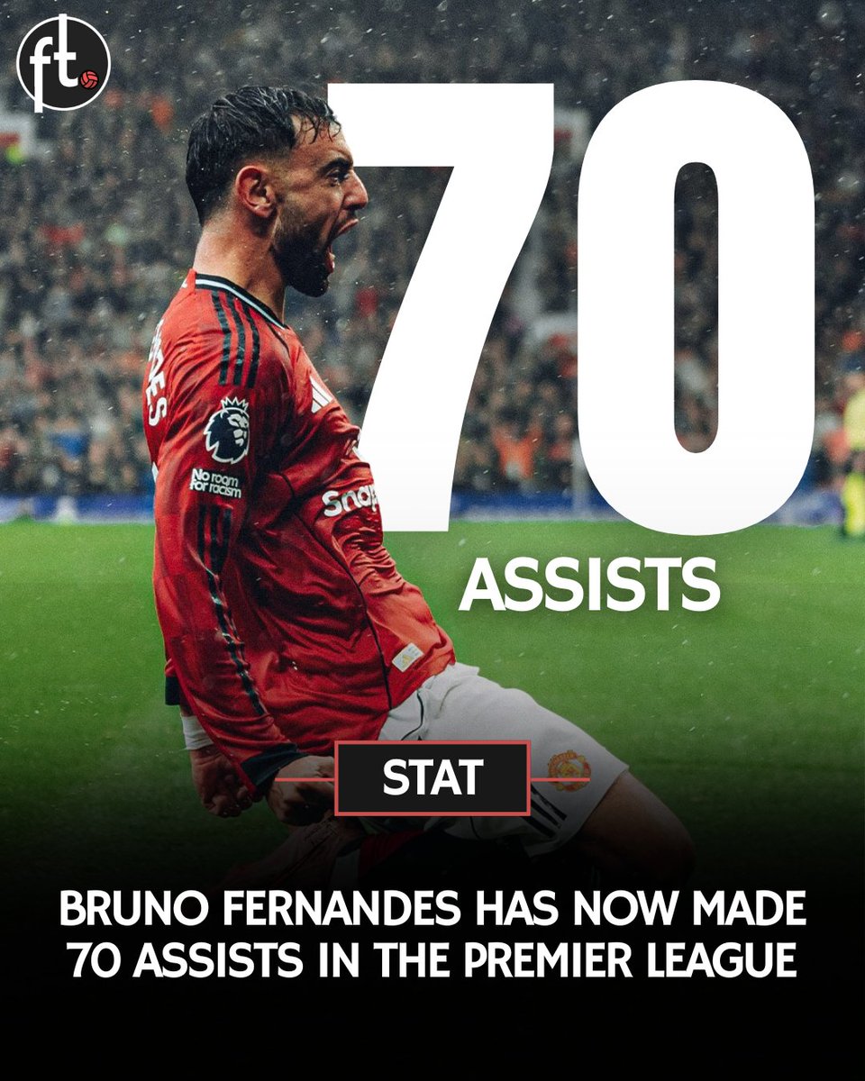 🎯 Bruno Fernandes has now made 70 assists in the Premier League during his career.

He's 18th on the all-time assists list: 

▪️ 163 — Ryan Giggs
▪️ 117 — Kevin De Bruyne
▪️ 108 — Cesc Fàbregas
▪️ 102 — Frank Lampard
▪️ 100 — Wayne Rooney
▪️ 94 — Dennis Bergkamp
▪️ 93 — Mo Salah