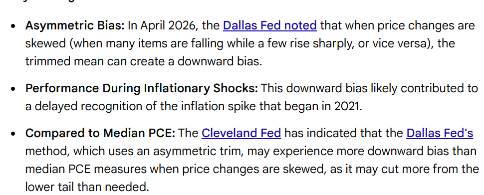 To be fair, I think people are missing the point of why trimmed-mean may have been useful back then. When inflation first jumped, Team Transitory argued that it was about one-offs, ignoring core inflation because it was about one-time shocks. Trimmed-mean inflation took out the