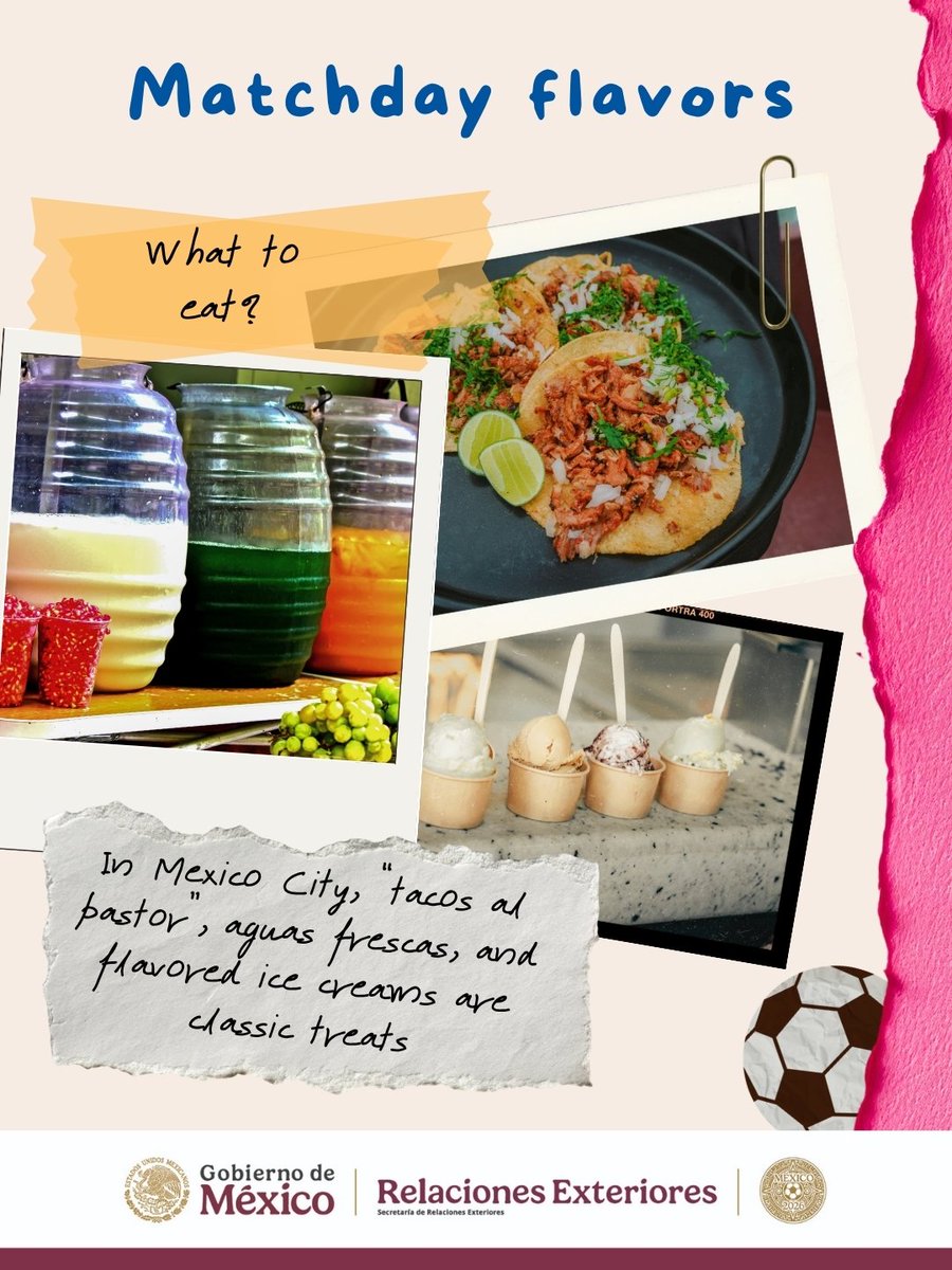 ConsulmexFila's tweet image. 🌮✨ World Cup flavors in Mexico City.
Tacos al pastor, refreshing aguas frescas, and ice cream in every flavor… a city you experience with every bite. 😋
#Mexico2026 #CDMX #TasteOfMexico  #DiplomaciaDeportivaMX