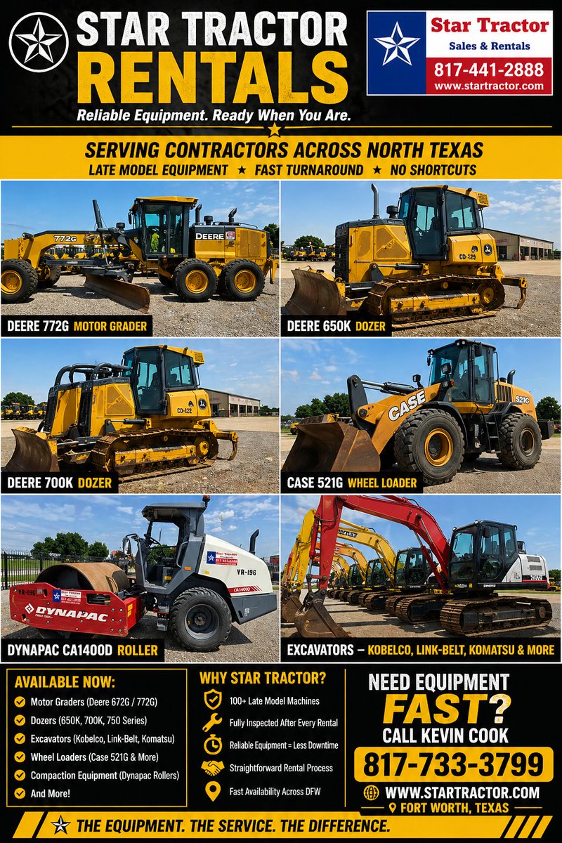 HeavyEquipGuy's tweet image. We’ve got a solid lineup ready to roll at Star Tractor.

Motor graders, dozers, excavators, loaders, rollers—you name it.

817-733-3799.
#heavyequipment #constructionlife #dfwconstruction #contractorsofinstagram #equipmentrental