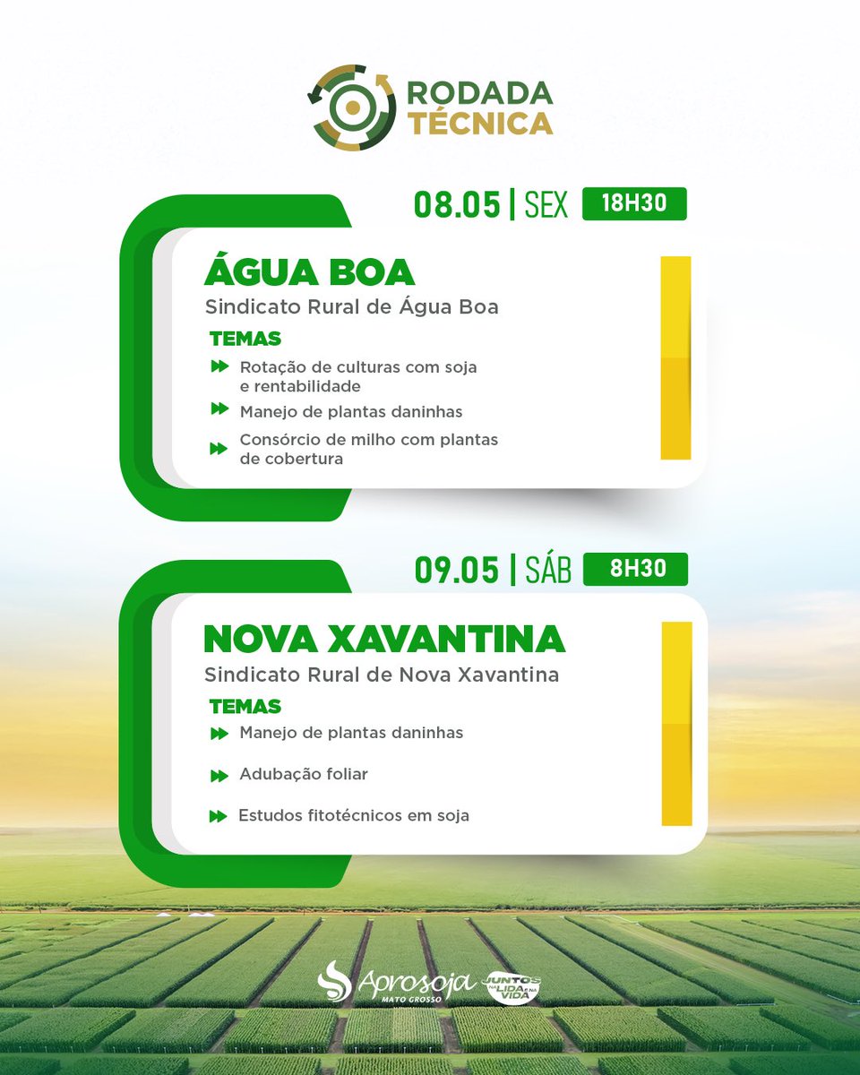 🚜📍 Anota na agenda, produtor!

A Rodada Técnica chegou na região Leste com uma semana cheia de conhecimento direto do campo 👇

📅 04/05 – Gaúcha do Norte  
📅 05/05 – Canarana  
📅 06/05 – Querência  
📅 07/05 – Confresa  
📅 08/05 – Água Boa  
📅 09/05 – Nova Xavantina  

⏰