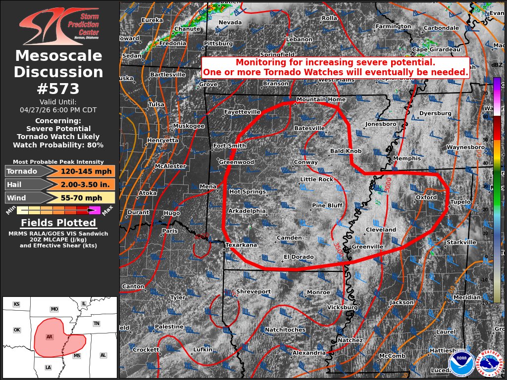 NWSSPC's tweet photo. 3:26pm CDT #SPC_MD 0573 , #mswx #arwx, https://t.co/t97WVMdXpg https://t.co/T1COEFKzgW
