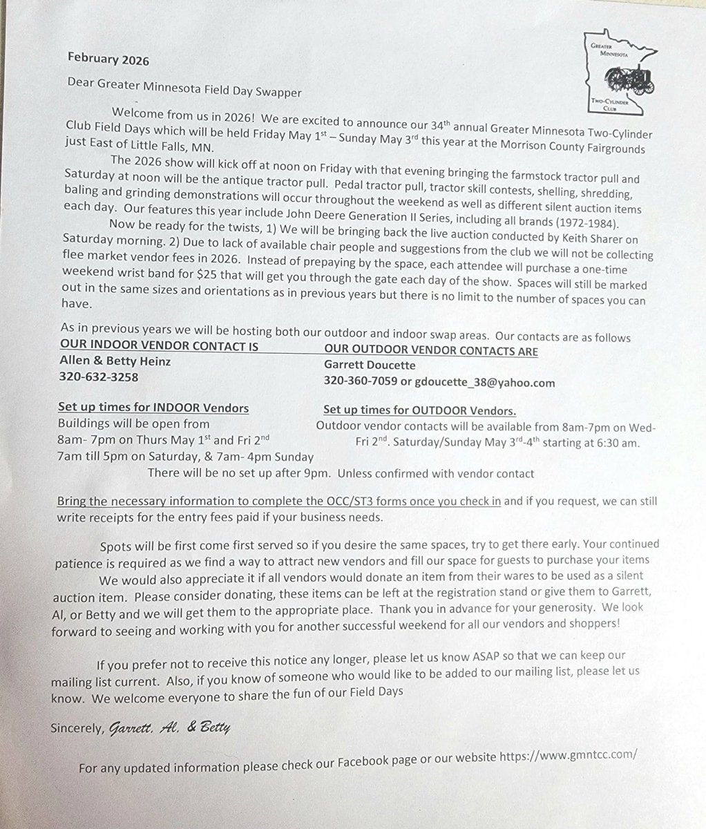 cdcmorrisonmn's tweet image. The Greater MN Two-Cylinder Club is seeking #vendors who are interested in attending the Field Days &amp;amp; Swap Meet, May 1-3, with a Live Auction! FREE vendor spot, w/ payment of admissions! facebook.com/gmntcc
🌐 gmntcc.com
#LittleFallsMN #MorrisonCounty