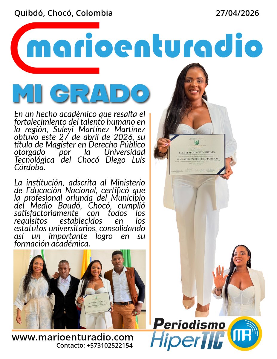 Oriunda de Medio Baudó, celebra su título como magíster en Derecho Público.