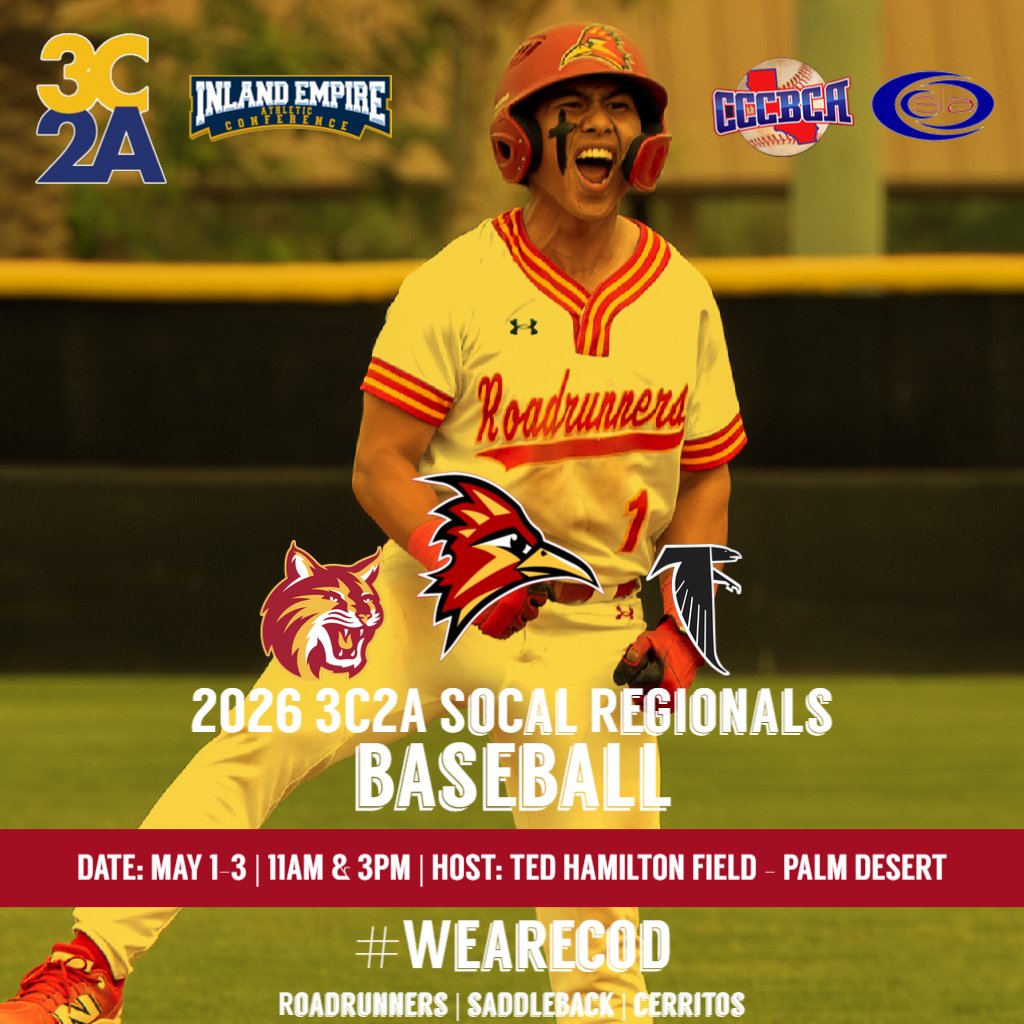 COD_Athletics's tweet photo. ⚾️🔥 PLAYOFF BASEBALL IN PALM DESERT 🔥⚾️

🏆 No. 8 @CODBaseball26 hosts SoCal Regional opening round
📈 5th straight playoff berth
📅 FRI 5/1
⚔️ Cerritos vs Saddleback — 11 AM
🔥 Loser vs COD (elim) — 3 PM

🎟️ $12 GA | $8 w/ ID
🌡️ Hot weekend ahead

🔗 https://t.co/Qf38t9fyQa https://t.co/2lUAd4ebeG