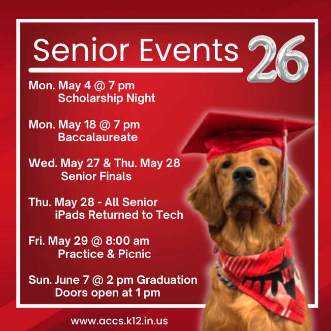AdamsCentral's tweet photo. Attention Seniors and Parents!  May is a busy month for our 2026 graduates.  Make sure you calendars are marked https://t.co/oYZdfIWZyW