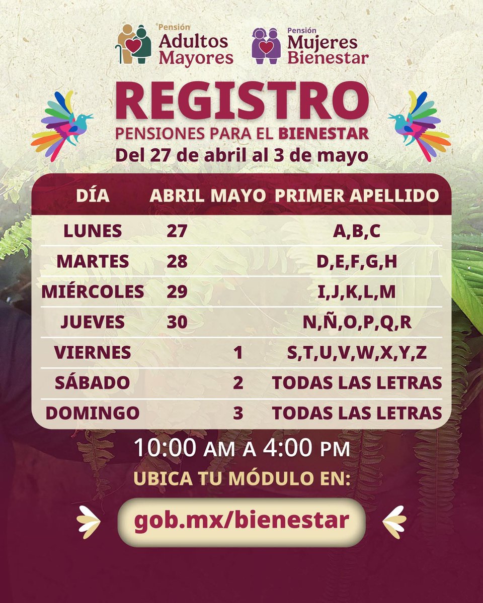 Noticias_Dgo's tweet photo. 🚨 ¡Inician registros en todo el país! Desde hoy y hasta el 3 de mayo puedes inscribirte a la #PensiónAdultosMayores si tienes 65 años en adelante o a la #PensiónMujeresBienestar si eres mujer y tienes entre 60 y 64 años. 👴🏼🧓🏼

📅 Acude el día según tu primer apellido. 
Consúltalo en: https://t.co/1DR2CivJUr