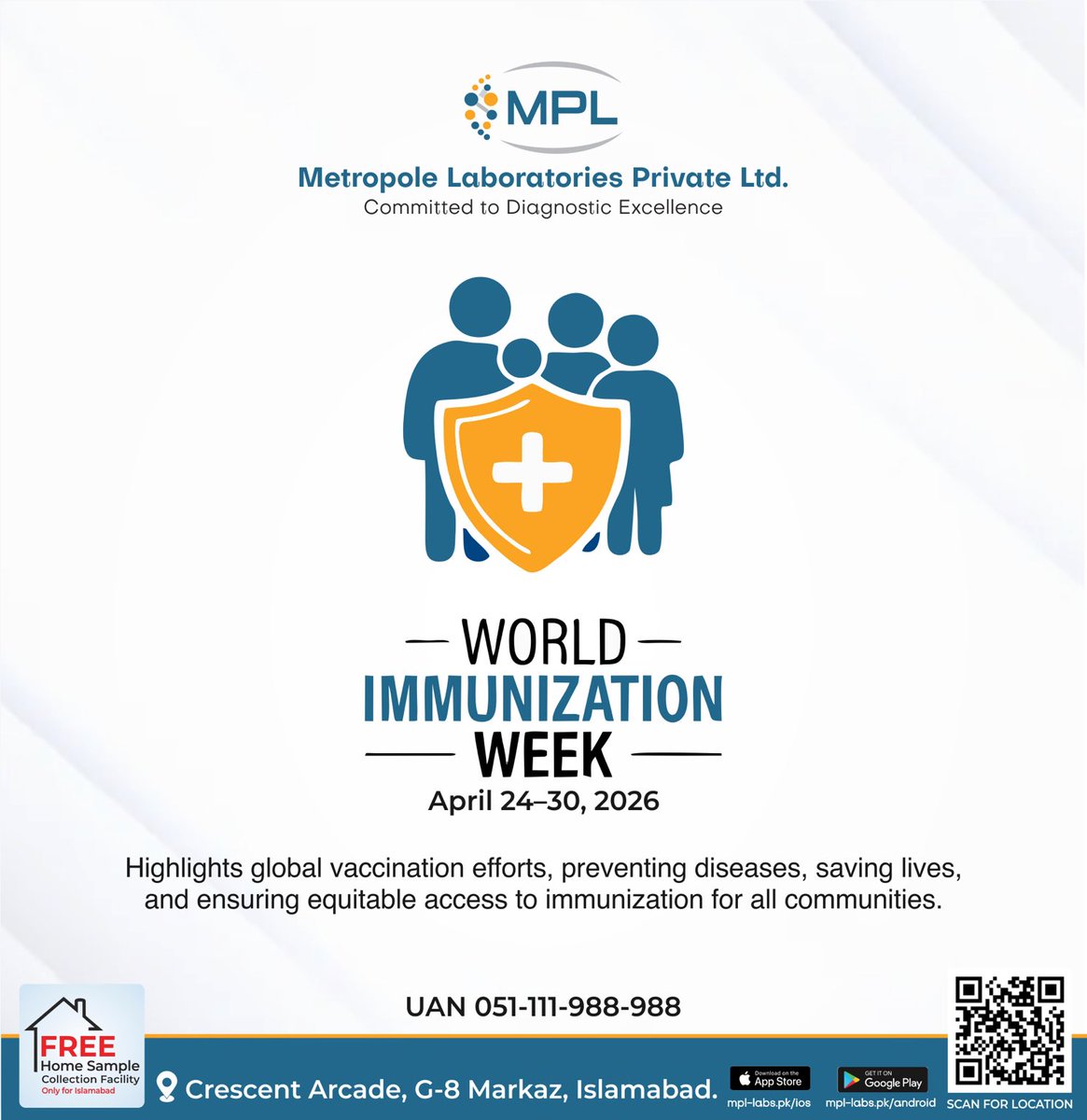 MPL_Labs's tweet photo. Protect. Prevent. Immunize. 💉🛡️
This #WorldImmunizationWeek, let’s safeguard every life through vaccination 🌍❤️

📞 051-111-988-988 | 🏠 Free Home Sampling

#VaccinesWork #ImmunizationForAll #MPLLabs https://t.co/TUTdWJ1wra