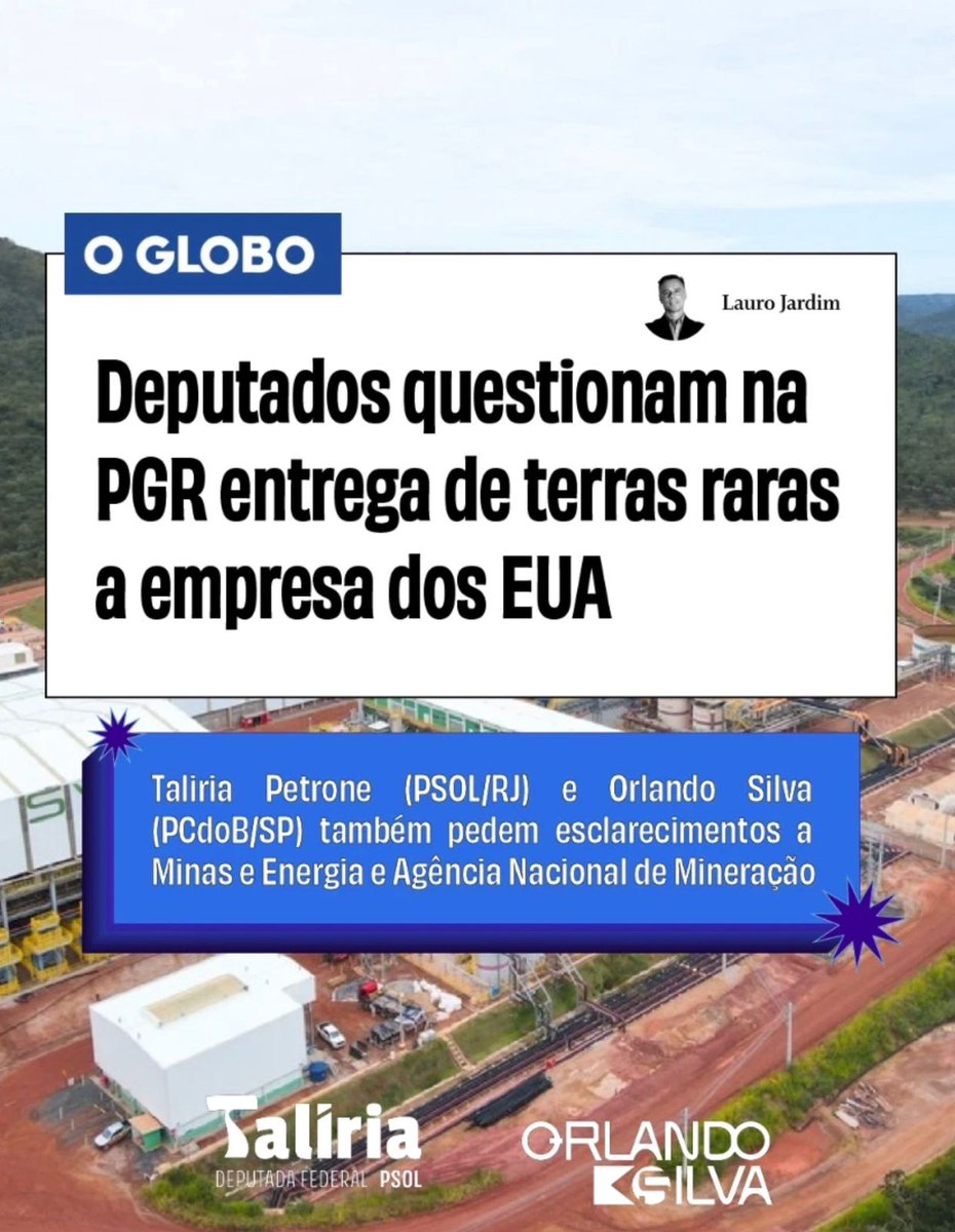 🚨 CONTRA A ENTREGA DAS TERRAS RARAS AOS EUA! Eu e <a href="/taliriapetrone/">Talíria Petrone</a> acionamos a PGR para questionar os procedimentos da venda da mineradora Serra Verde e minas de terras raras a um grupo norte-americano. Esses minerais críticos são recursos estratégicos para a soberania do Brasil