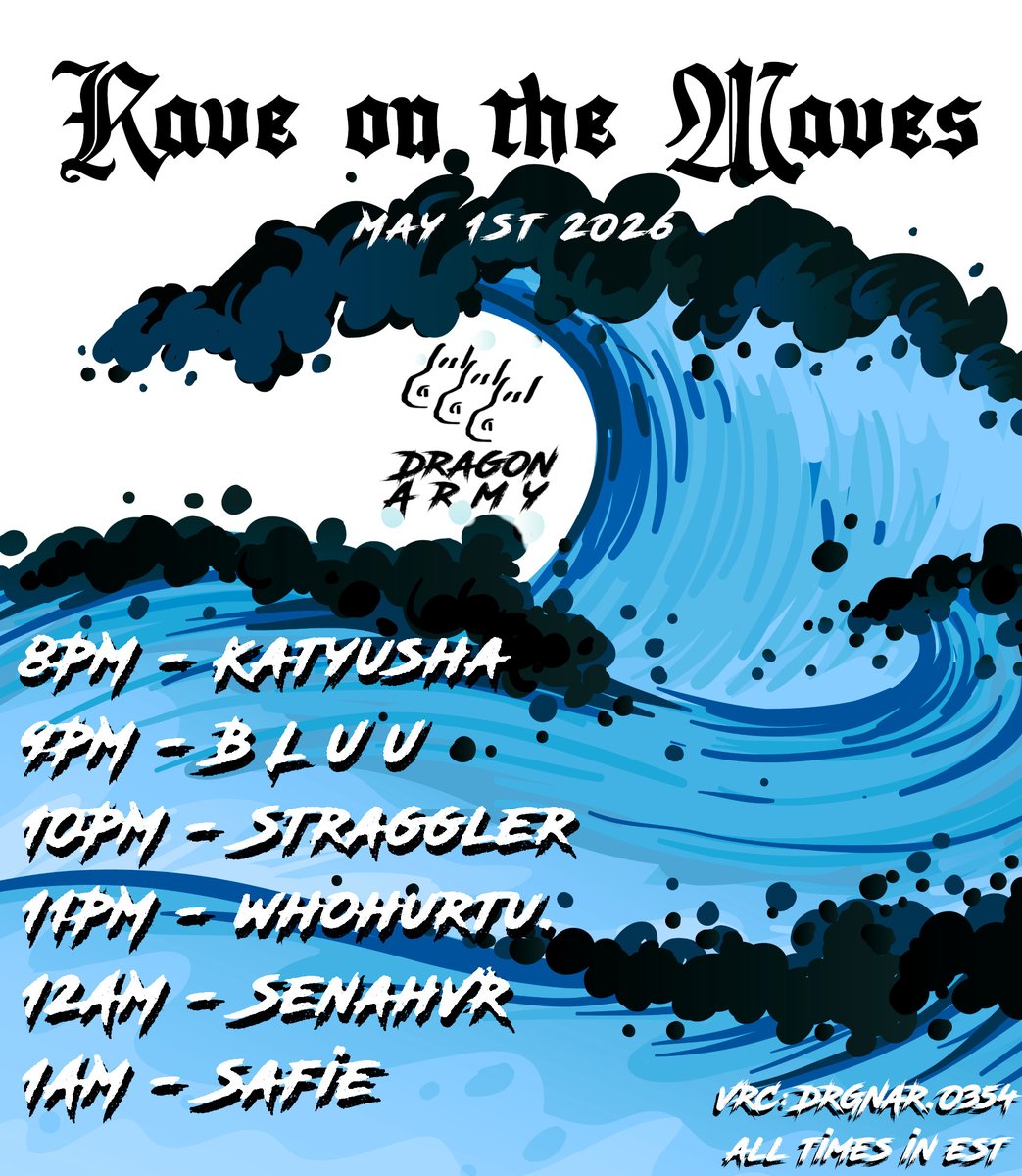DragonArmyVR's tweet photo. This Friday, we sail on to our next mission.

⛵️ 𝕍𝕆𝕐𝔸𝔾𝔼 𝟚𝟞/𝟝 ⛵️
Rave on the Waves

Friday May 1st //
Boarding at 7:45PM // ALL TIMES IN EST // 
Dragon Army Warship 2.0 https://t.co/kEMsAc6WgP