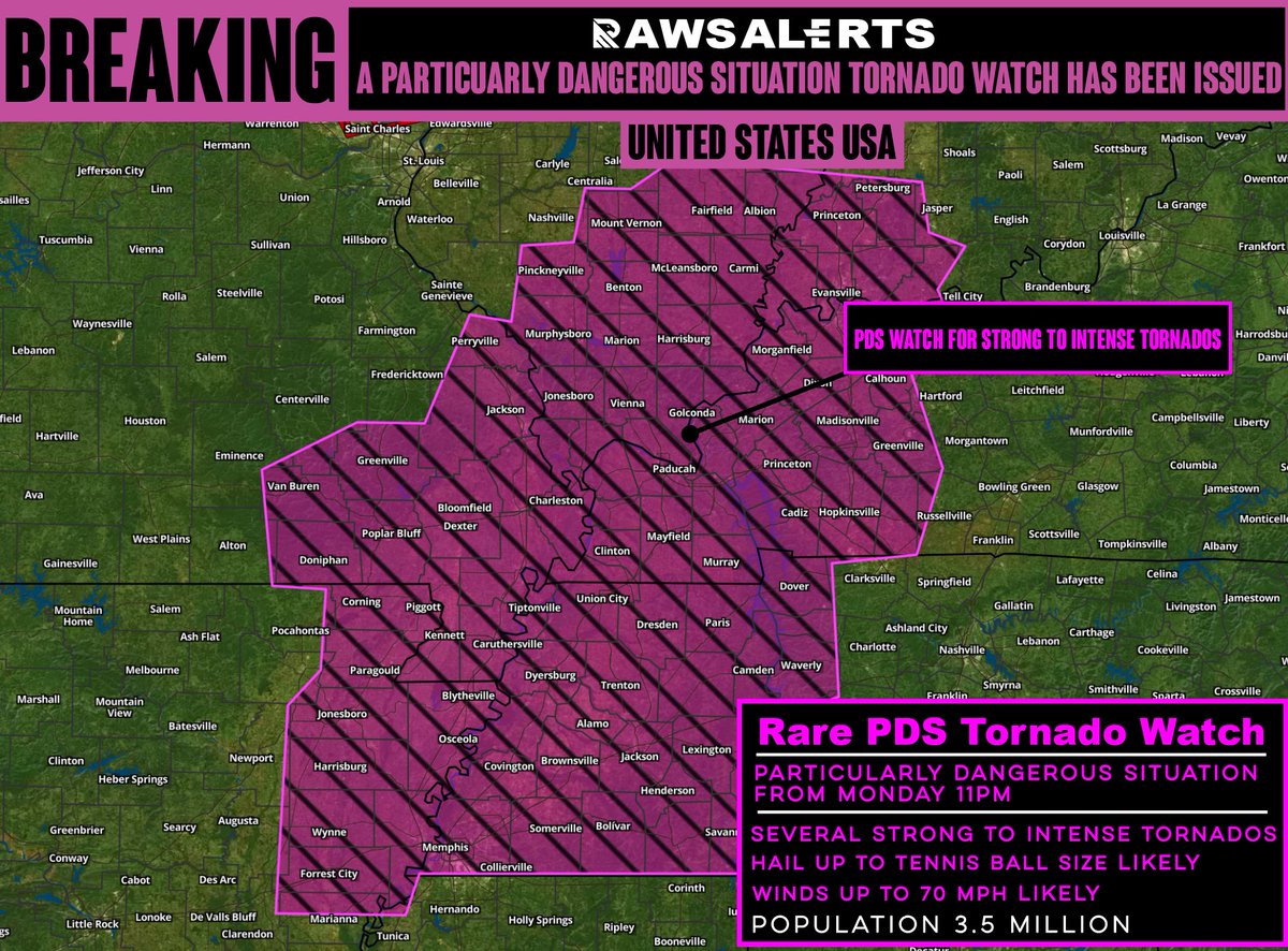 rawsalerts's tweet image. 🚨#BREAKING: A Rare Dangerous Situation (PDS) Tornado Watch issued as an extremely dangerous and life-threatening tornado outbreak is likely today across parts of the Midwest

📌#Unitedstates | #USA

The National Weather Service has issued an extremely rare Particularly Dangerous