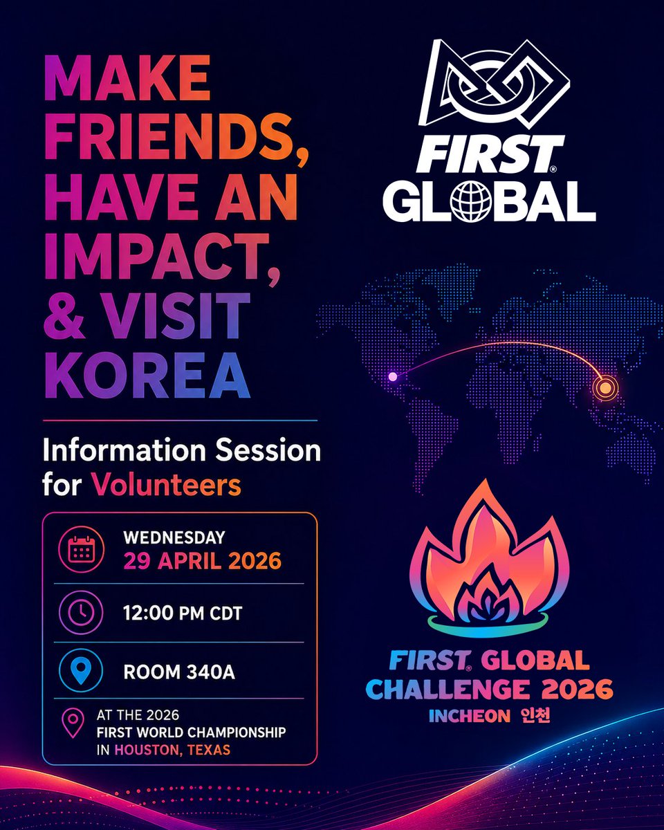 F1RSTglobal's tweet photo. On Wednesday, 29 April, FIRST Global will be hosting a information session for volunteers at the 2026 FIRST World Championship in Houston, Texas. The session will take place in room 340A at 12:00 pm CDT.

If you have questions, please send an email to volunteer@first.global! https://t.co/wJaHzYtU0e
