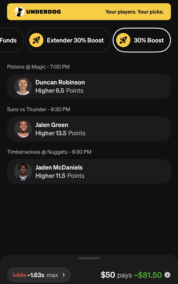 smart_parlays's tweet image. NBA Smart Parlay Underdog🏀🚀

Duncan Robinson 7+ Points
 ~ (Hit: L10/10) Hit Rate: 96%

Jalen Green 14+ Points
~ (Hit: L8/10) Hit Rate: 87%

Jaden McDaniels 12+ Points
~ (Hit: L10/10) Hit Rate: 92%

$50➡️$81.50

#MLB #NBA #Basketball #Bets #Betting #Cash #Lotto