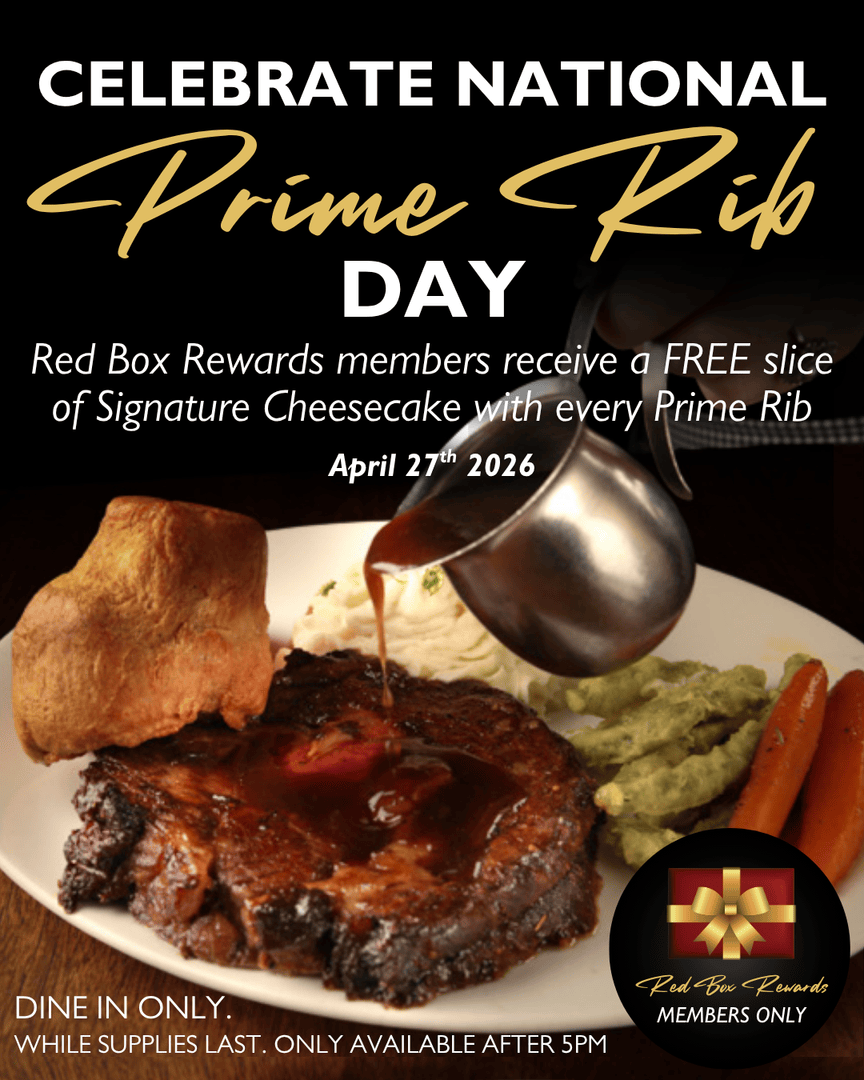 firestoneleth's tweet photo. Today is National Prime Rib Day!

To celebrate, we're offering a free slice of Signature Cheesecake with every Prime Rib for Red Box Rewards members today!

Dine in only. While Supplies last. Only available after 5pm.

Make a reservation here: https://t.co/SjFFkN4cKb

#primerib https://t.co/p1R9NJ5qfO
