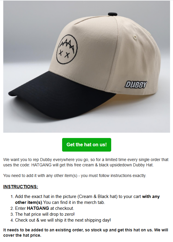DubbyEnergy's tweet photo. Free hat for every single person reading this.

* while supplies last https://t.co/Egtf7fYBkr