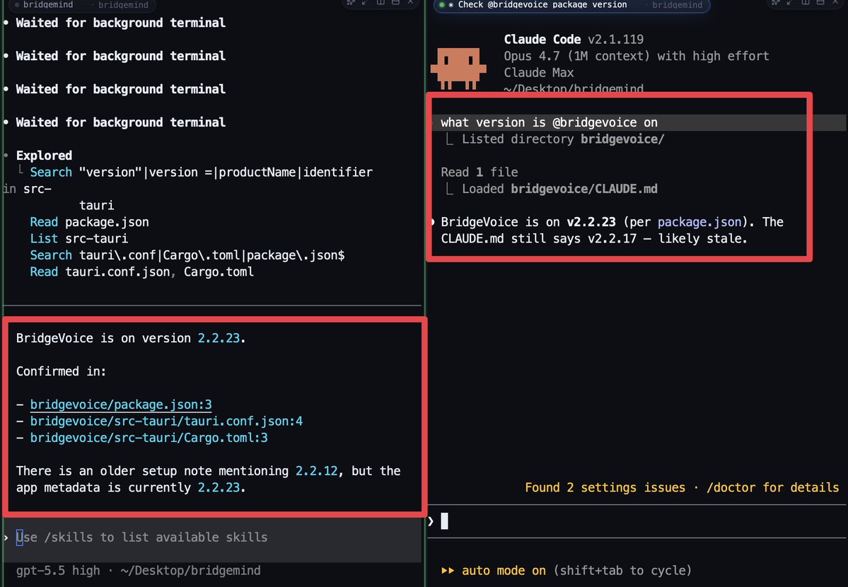bridgemindai's tweet image. GPT 5.5 still thinks for way too long on simple tasks.

I asked it what version my app was on and it took it over 2 minutes to read my package.json and respond.

Claude Code with Claude Opus 4.7 took 10 seconds.