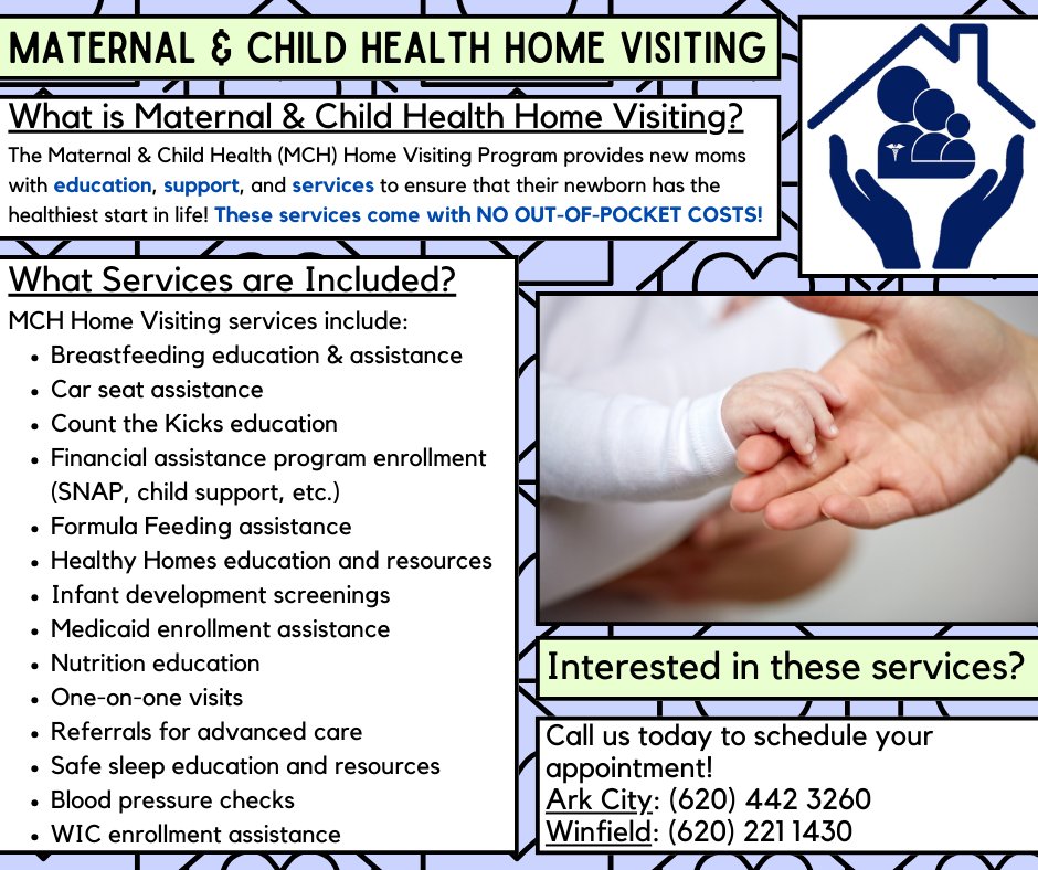 CowleyHealth's tweet photo. Our MCH Home Visiting Program provides new moms with education, support, &amp; resources to help ensure their newborn gets a healthy start in life!

This program comes with NO OUT-OF-POCKET COSTS!

Check the graphics &amp; visit the webpage to learn more:
https://t.co/Oqxy3muYmW https://t.co/eeXpaQ5Xhe