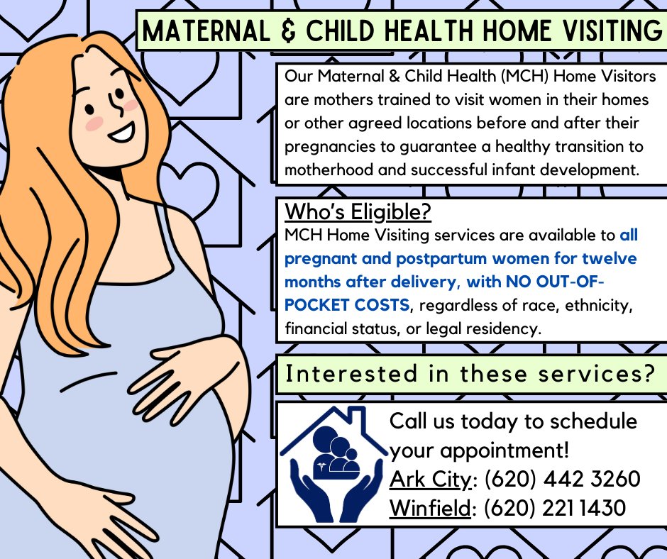 CowleyHealth's tweet photo. Our MCH Home Visiting Program provides new moms with education, support, &amp; resources to help ensure their newborn gets a healthy start in life!

This program comes with NO OUT-OF-POCKET COSTS!

Check the graphics &amp; visit the webpage to learn more:
https://t.co/Oqxy3muYmW https://t.co/eeXpaQ5Xhe