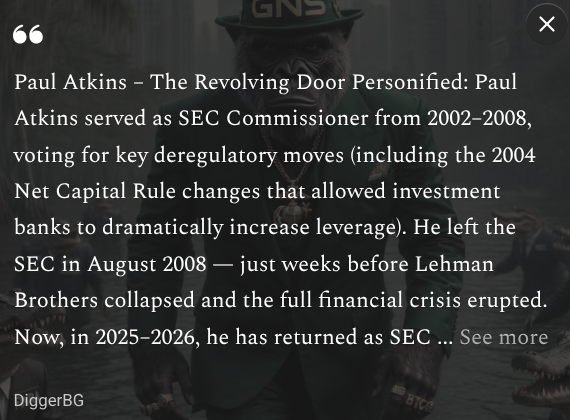 DiggerBG's tweet image. The #Revolving Door - same #scum, different #suits. Ex-#SEC/#Fed officials land at #Citadel, #Virtu, #BlackRock, and prime brokers. #PaulAtkins is the perfect example. It's all regulatory capture by design. 96% posterior.

Full article on #Substack: diggerbg.substack.com/p/the-full-swa…

#GNS