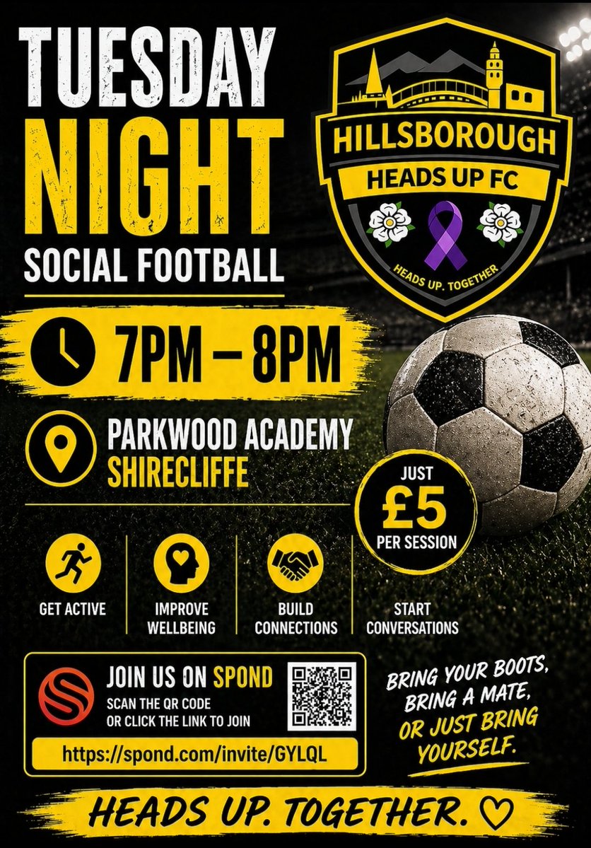 Quick favour 🙏
New Tuesday night social football at <a href="/ParkwoodAcademy/">E-ACT Parkwood Academy</a> Shirecliffe.
🕖 7–8pm | 💷 £5

All abilities welcome just turn up, play, and enjoy it.

Can’t make it? A repost helps 👊
Join 👉 spond.com/invite/GYLQL
<a href="/SWFCCP/">Sheffield Wednesday Community</a> <a href="/SWFCTrust/">Sheffield Wednesday Supporters' Trust</a> <a href="/TheWordSWFC/">The Wednesday Word</a> <a href="/WTIDPOD/">The Wednesday ’Til I Die Podcast</a> <a href="/TWWcast/">The Wednesday Week Podcast</a> #swfc