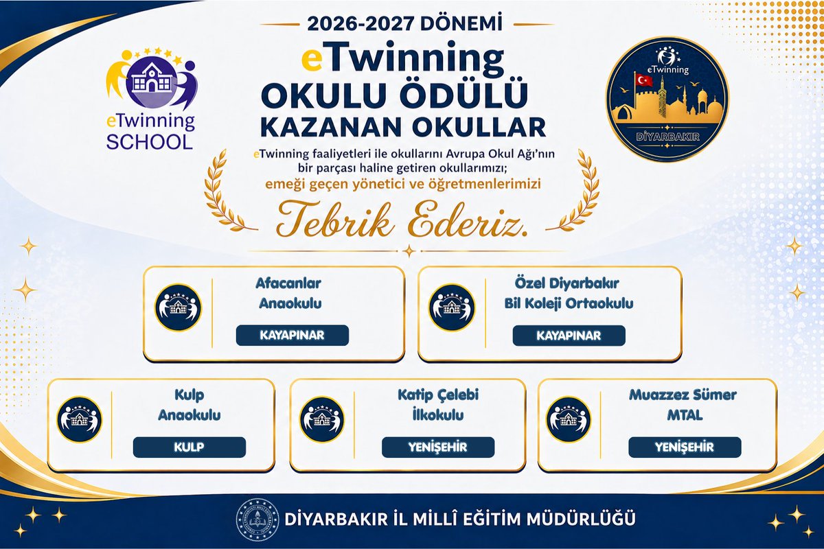 Diyarbakirmem's tweet photo. 🏆 2026-2027 Dönemi eTwinning Okulu Etiketleri Açıklandı

🌍 İlimizde yürütülen eTwinning faaliyetleri kapsamında; uluslararası iş birliği, dijital eğitim uygulamaları ve yenilikçi öğrenme ortamlarıyla öne çıkan 25 okulumuz daha 2026-2027 dönemi için eTwinning Okulu Etiketi almaya hak kazandı ve bu unvana sahip okul sayımız 60’a ulaştı.

💻 Eğitimde dijitalleşme, iş birliği kültürü ve proje temelli öğrenme alanlarında elde edilen bu başarı; okullarımızın nitelikli ve sürdürülebilir eğitim anlayışını yansıtıyor.

👏 Bu önemli başarıda emeği bulunan tüm idareci ve öğretmenlerimizi tebrik ediyor, çalışmalarında başarılarının devamını diliyoruz.

@tcmeb @Yusuf__Tekin
@vali_zorluoglu @sadoglu_salih