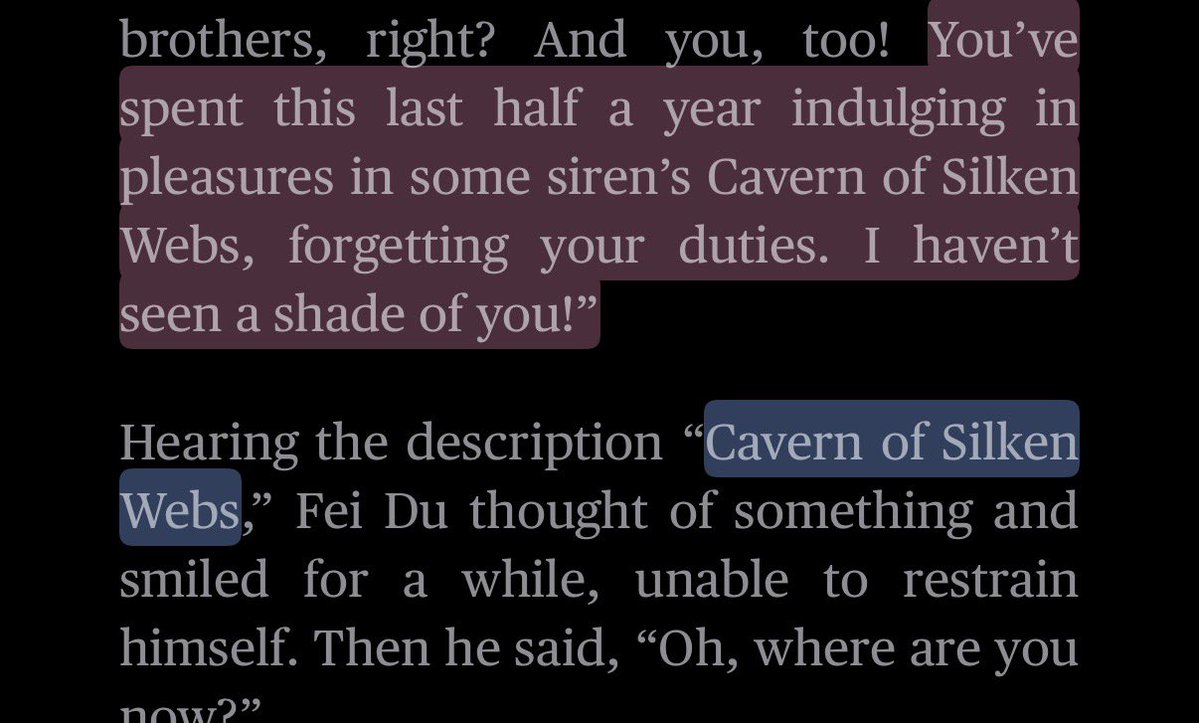 everyone knows who this “cavern of silken webs” is, right? this is just too much with the way he smiles secretly to himself, unable to restrain himself at the thought of thag person .. disgusting.