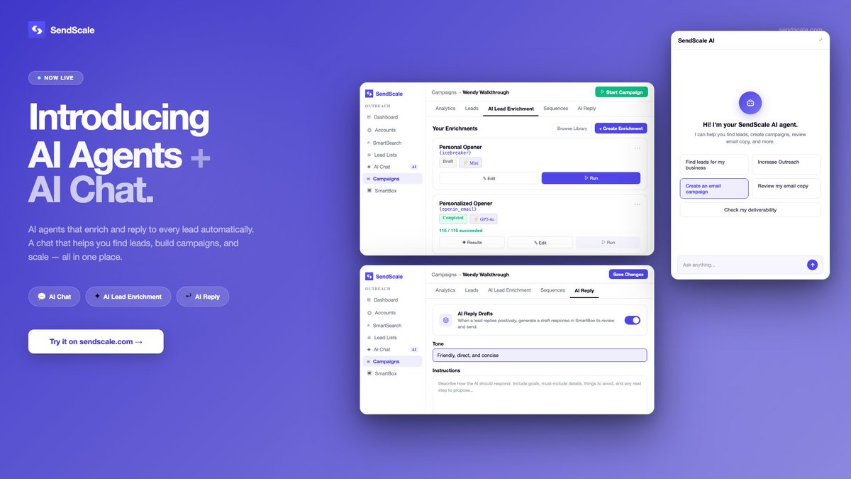 SendScaleAI's tweet image. Cold outreach has two bottlenecks: enriching leads and replying fast enough.
SendScale just shipped AI agents that handle both and a chat that helps you with rest of your campaign.
Live now: sendscale.com

#AIagents #coldoutreach #scale  #sendscale