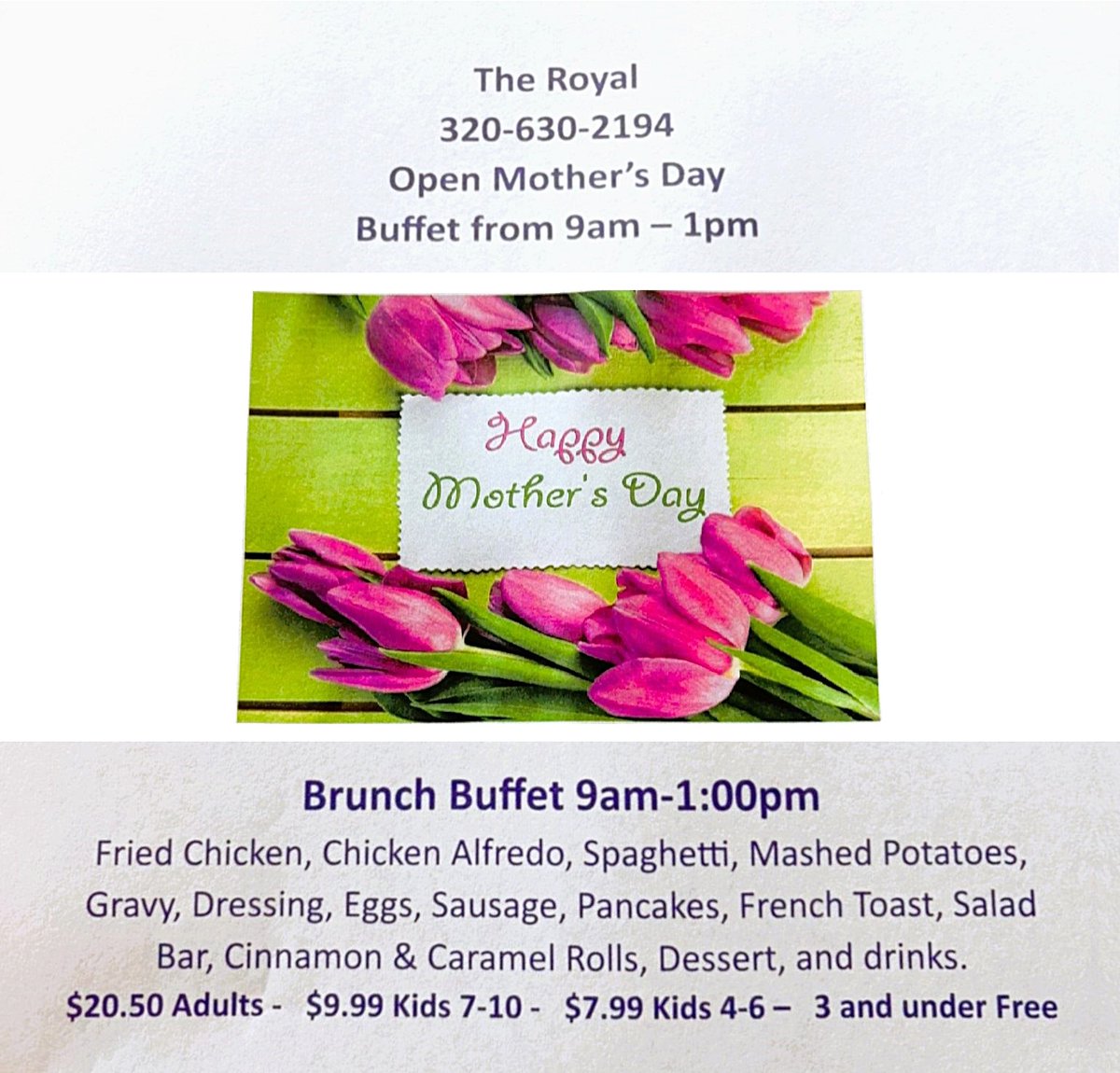 cdcmorrisonmn's tweet image. 🌷 The Royal in #LittleFallsMN will be hosting a Mother's Day Brunch Buffet on Sunday, May 10th, from 9am-1pm. No reservation required. If you would like more information, call 320-630-2194.💐
facebook.com/profile.php?id…
#TheRoyal #MothersDay #BrunchBuffet #MorrisonCounty