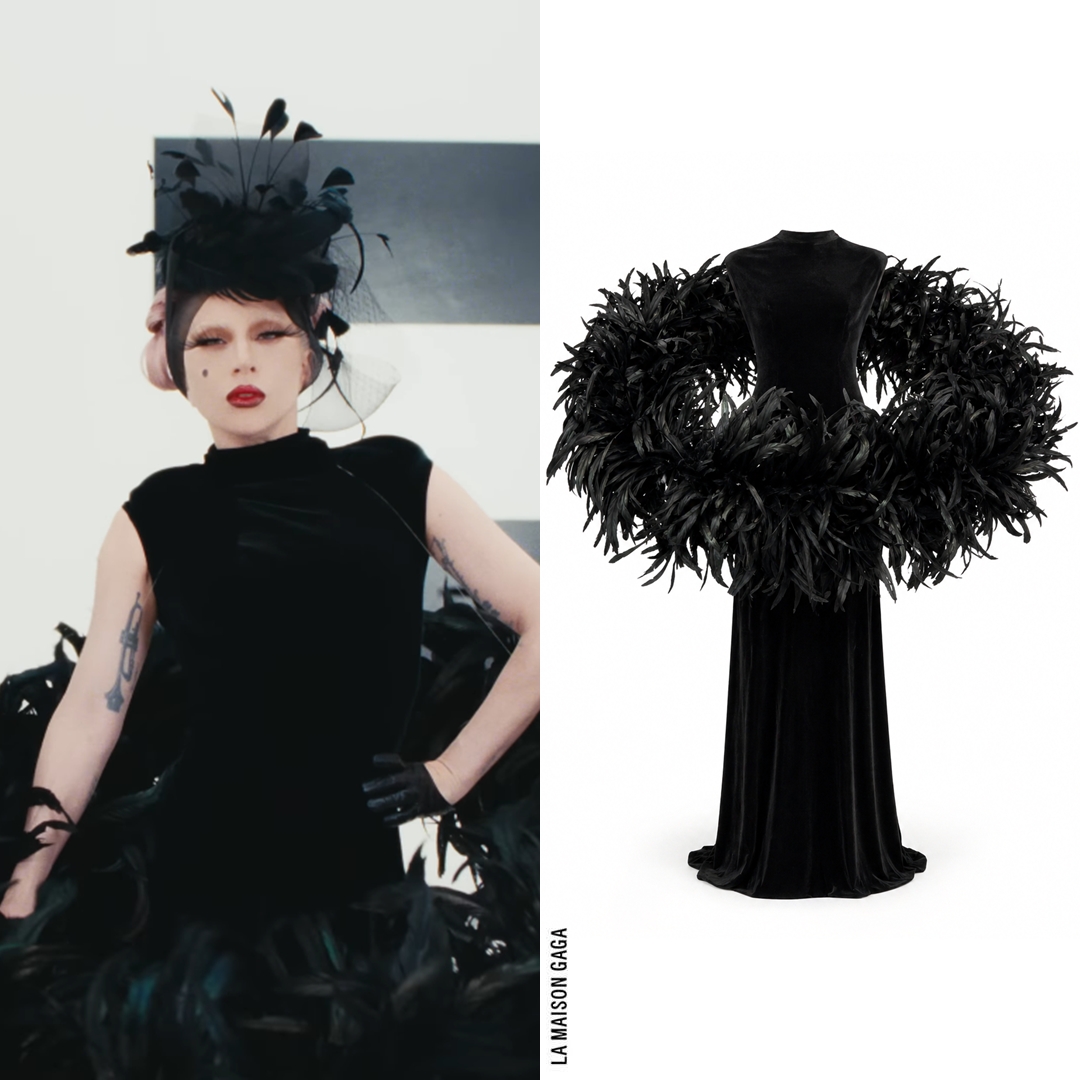 Fashion takes a whole other level with Lady Gaga finally wearing  #BadBinchTONGTONG! She's wearing the designer's velvet dress with floating  feather ring!