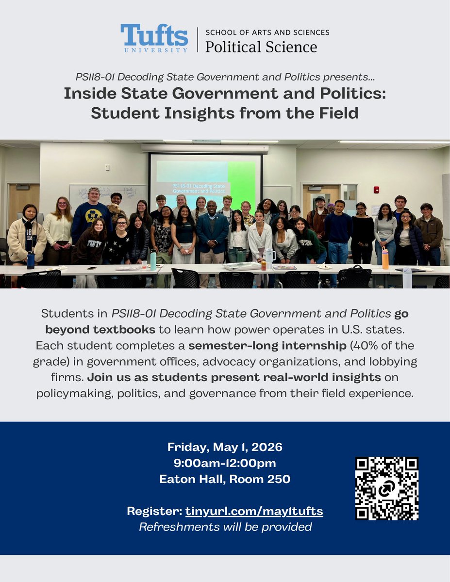 SMGebru's tweet photo. What does state #government actually look like in practice? Join my @TuftsUniversity students this Friday as they present insights from their internships across government offices, #advocacy organizations, and #lobbying firms: https://t.co/vjXaY5MY53

#politicalscience #politics https://t.co/IyELuOAjOb