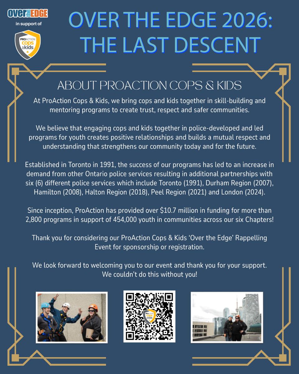 COPSandKIDSca's tweet image. T-minus 40 days! ProAction Cops &amp;amp; Kids' Over The Edge 2026: The Last Descent is taking place on Sat Jun 6, 2026 at The Westin Harbour Castle in Toronto. Are you ready to rappel from the 35th floor? 🙂

give.overtheedge.events/OverTheEdge202…

#Charity #Fundraiser #TogetherWeCanMakeADifference