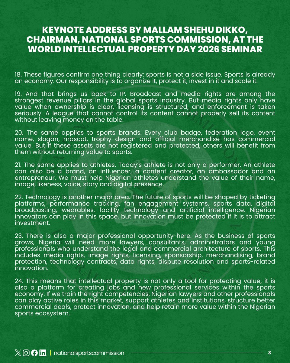 NatSportsComm's tweet image. 🗞️ KEYNOTE ADDRESS:

By NSC Chairman, @ShehuDikko, at the World Intellectual Property Day 2026 Seminar.

April 27, 2026 | United Nations House, Abuja
.
#NSC #NationalSportsCommission #RHINSE