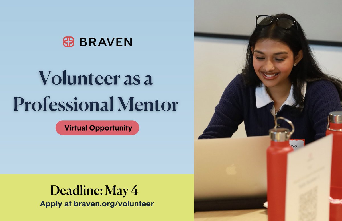 BeBraven's tweet photo. Applications to become a Professional Mentor are still open! 

Ready to help a Fellow land their next internship or job with your guidance? 

Learn more and apply by Monday, May 4th at https://t.co/mwKFONnH7v

#BeBraven #PMProgram #BravenVolunteer https://t.co/uudnrEztsn