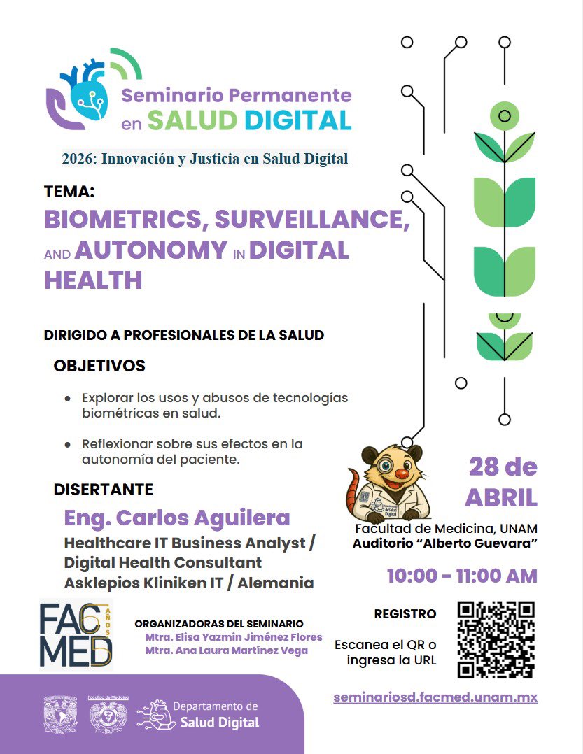 SaludDigitalFM's tweet photo. ¡Participa en una nueva sesión del Seminario Permanente en Salud Digital! 🦾

🗓️Fecha: 28 de abril de 2026
⏰Horario: 10:00 - 11:00
📍Lugar: Auditorio Alberto Guevara, FacMed, UNAM. 

#SaludDigital #SeminarioSaludDigital #FacMed #UNAM #IB https://t.co/RaKldRSzlY